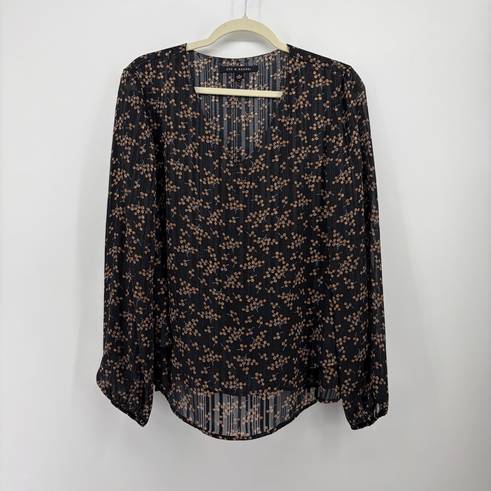 Zac & Rachel Womens Medium Black Floral Blouse V-Neck Sheer Layered Hem Top